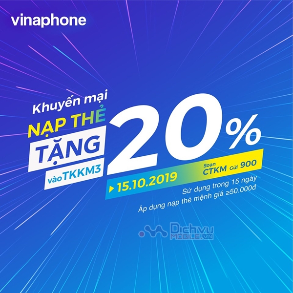 Vinaphone khuyến mãi 20% giá trị thẻ nạp ngày 15/10/2019 
