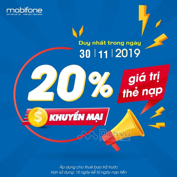 Mobifone khuyến mãi 20% giá trị thẻ nạp trực tuyến ngày 30/11/2019 