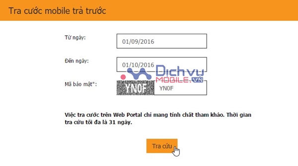 Nhập thời gian cần tra cứu, mã bảo mật và click Tra cứu để kiểm tra