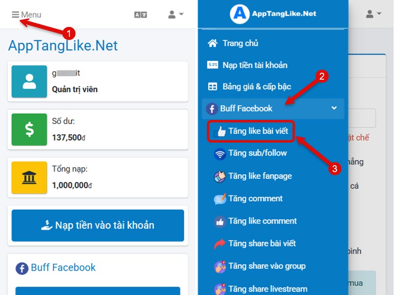 Truy cập trang Tăng like bài viết