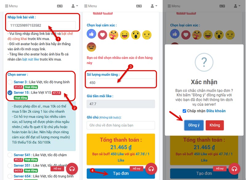 Tạo đơn tăng like cho bài viết facebook