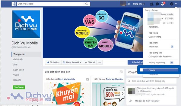 Click vào biểu tượng tam giác nhỏ góc phải màn hình => kéo chuột xuống và chọn mục “Cài đặt” (Setting)