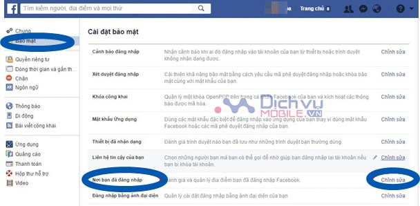 Vào mục “Bảo mật” (Security) => Chọn thẻ “Nơi bạn đã đăng nhập” (Where you’re logged in) => click vào mục “Chỉnh sửa” (Edit)