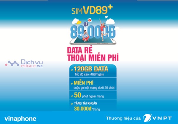 Đăng ký gói VD89P Vinaphone nhận 120GB, gọi không giới hạn chỉ 89,000đ/ tháng