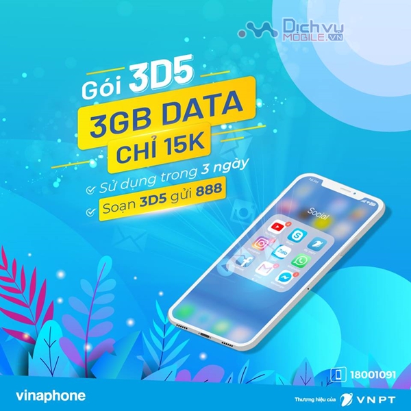 Đăng ký gói cước 3D5 Vinaphone nhận 3GB dùng trong 3 ngày